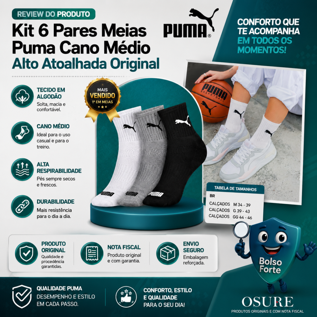 Destaca-se Imagem Ilustrativa e Detalhada do Kit 6 Pares Meias Puma Original