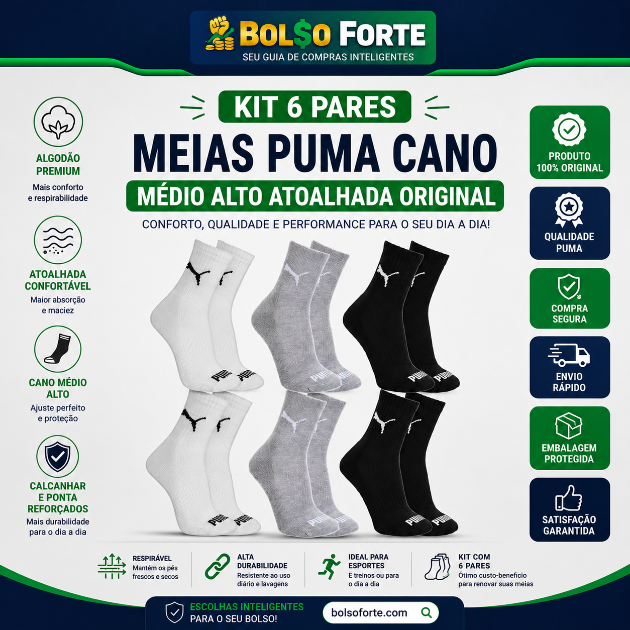 Kit Meias Puma Cano Médio Original: Conforto Duradouro pelo Menor Preço!