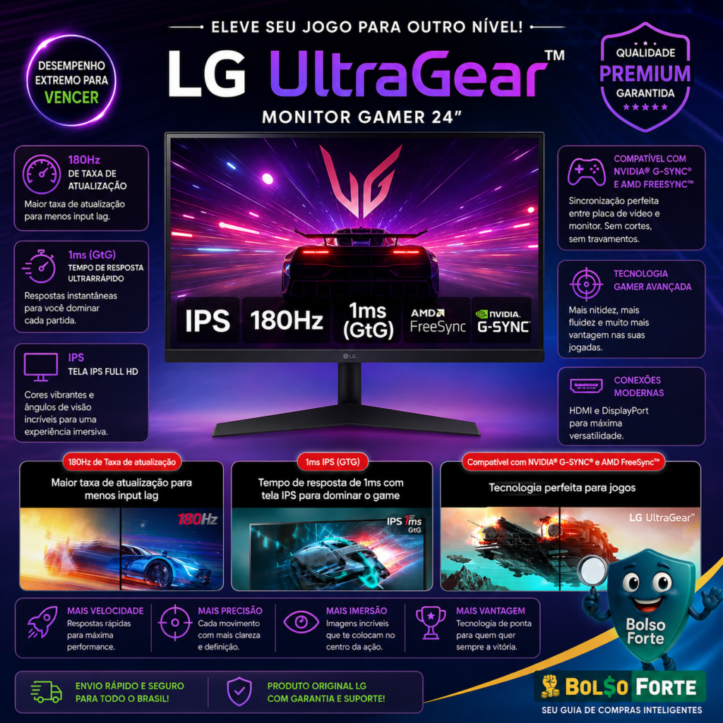 Monitor Gamer LG UltraGear 24 Pro Destaca-se Imagem Ilustrativa e Detalhada do Monitor Gamer LG UltraGear 24