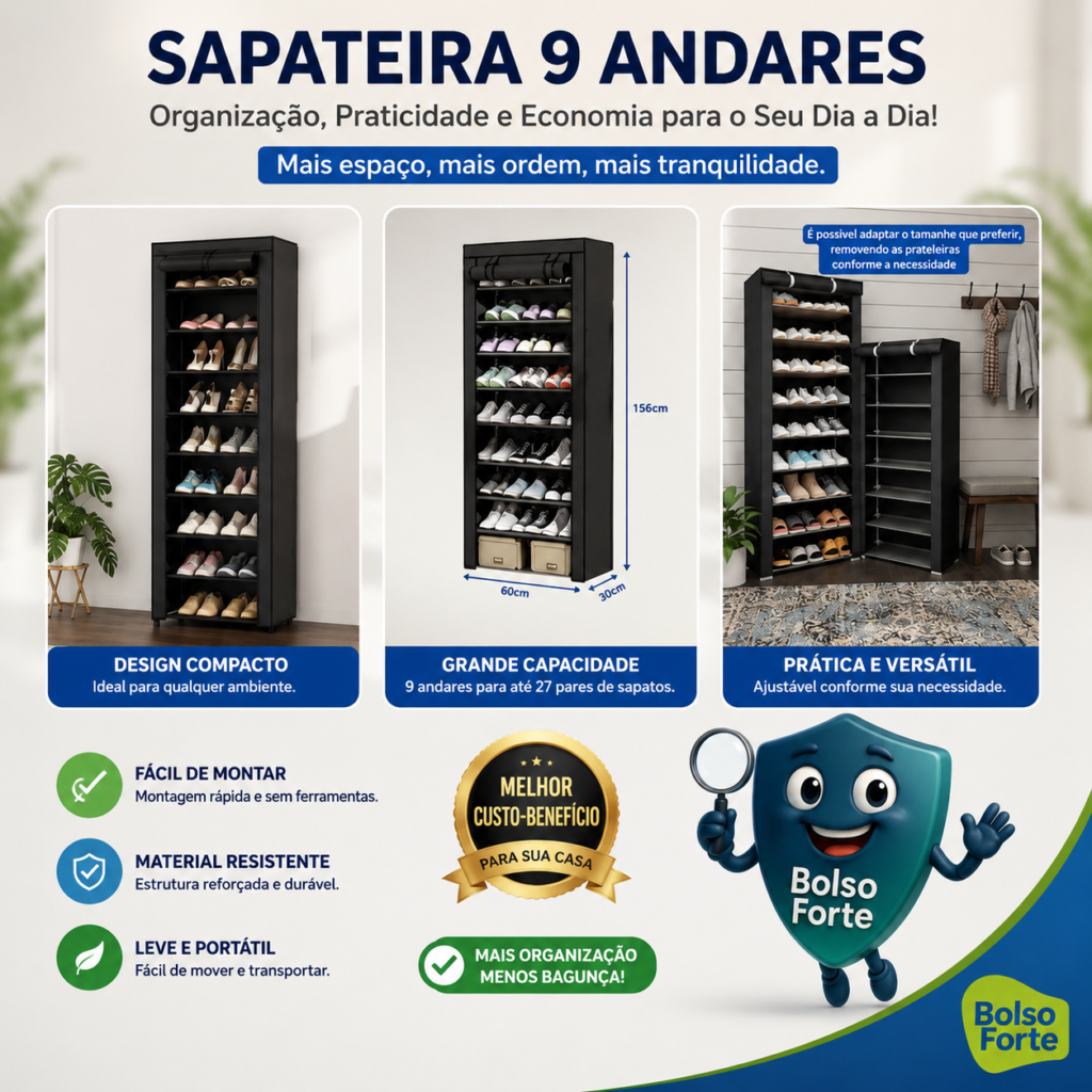 Vittak Sapateira 9 Prateleiras Organizador De Sapatos Pro Destaca-se Imagem Ilustrativa e Detalhada da Vittak Sapateira 9 Prateleiras Organizador De Sapatos