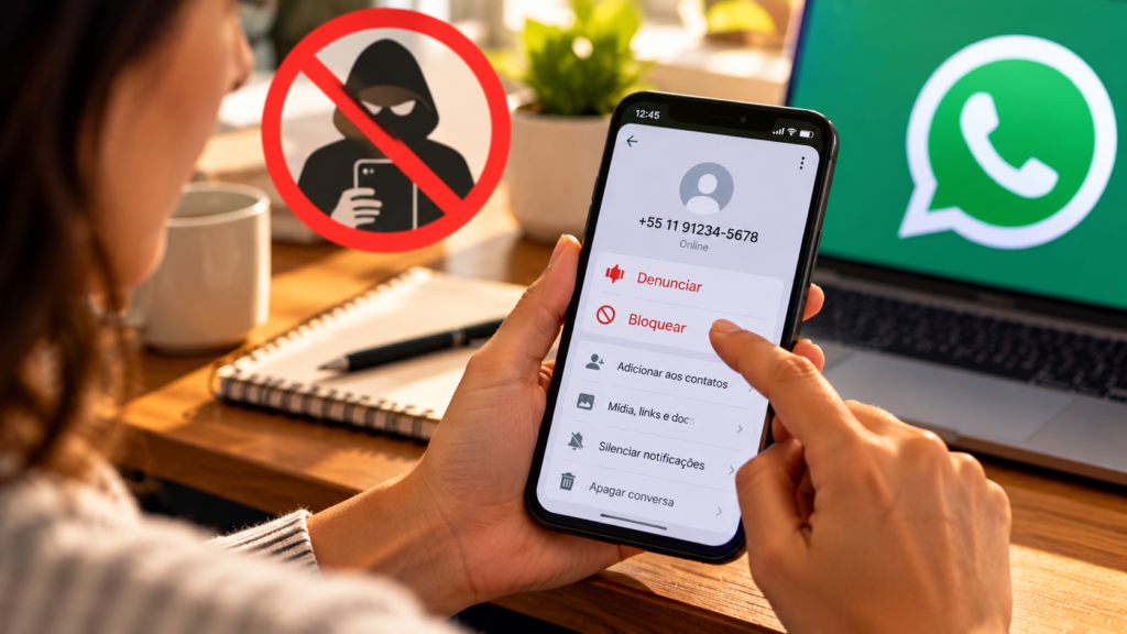 Pessoa seleciona as opções de bloquear e denunciar um golpista no WhatsApp para evitar fraudes e pedidos falsos de Pix.