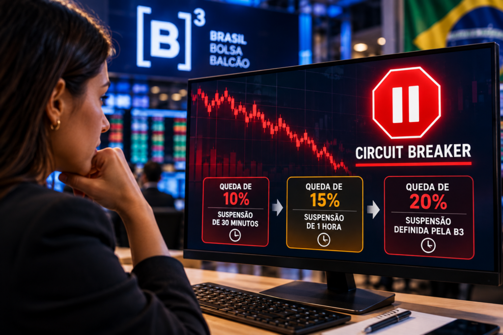 Ilustração do circuit breaker na B3 com gráfico de queda do Ibovespa e os três níveis de suspensão: 10%, 15% e 20%.