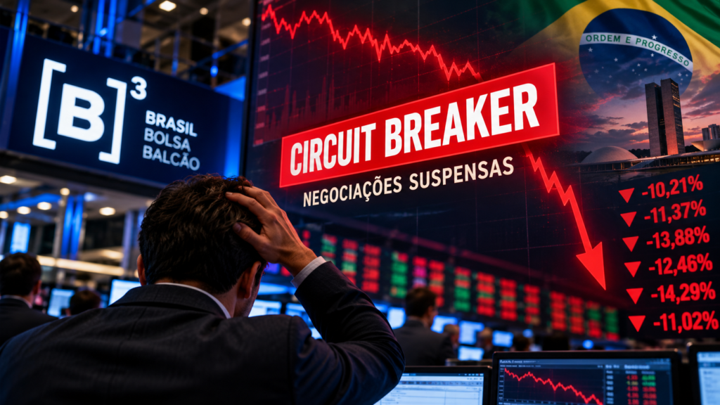 Ilustração do circuit breaker na B3, com investidor preocupado, gráficos de queda da Bolsa de Valores e referência às eleições de 2026.