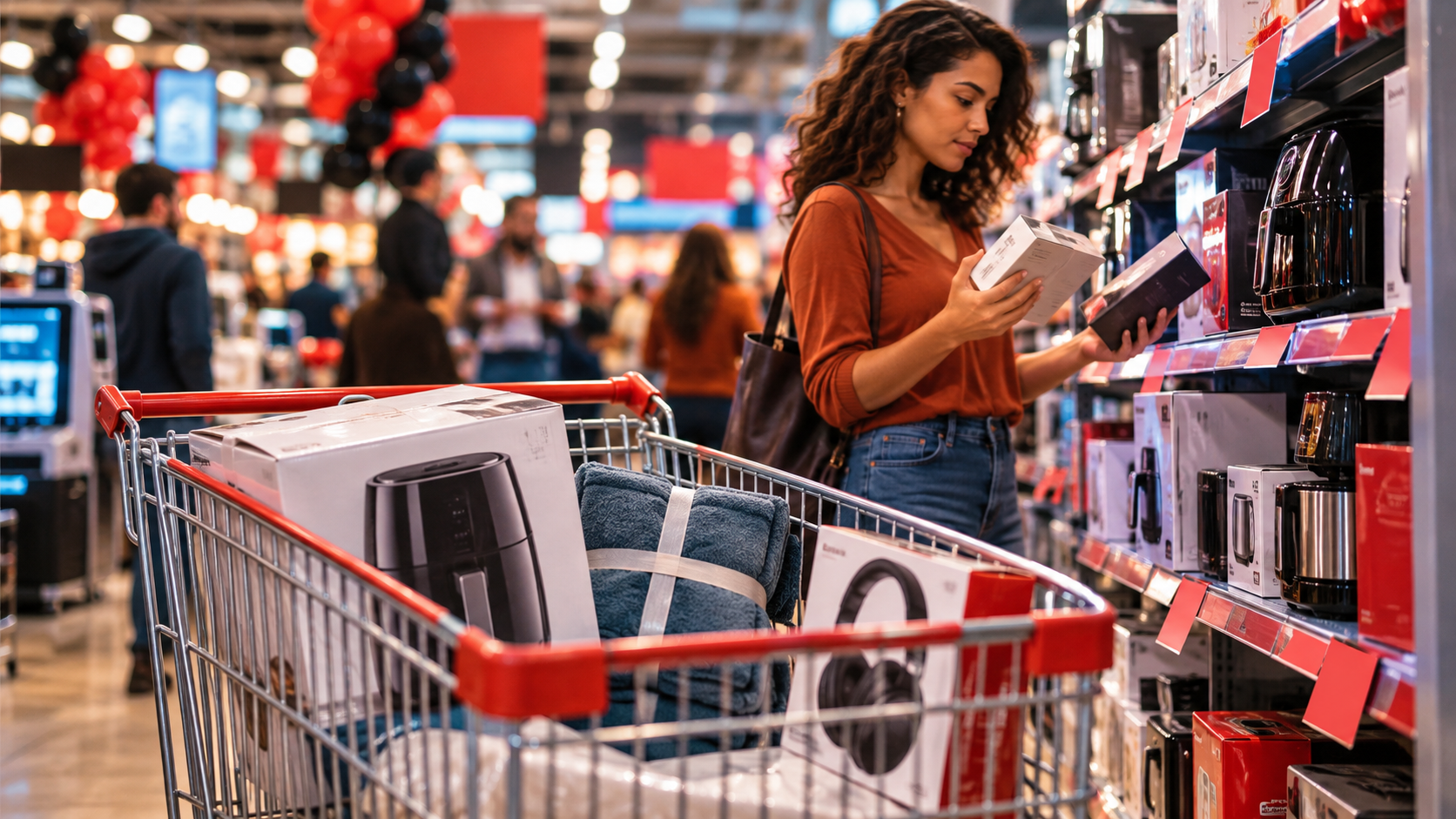 Consumidor seleciona produtos em loja durante a Black Friday, planejando compras dentro do orçamento.