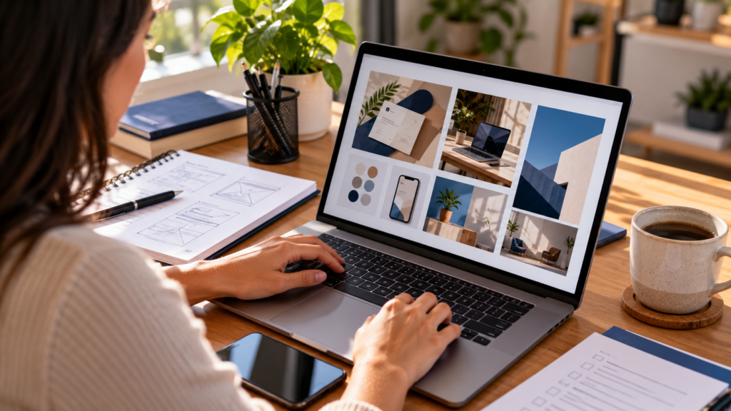 Pessoa preparando portfólio freelancer no notebook para apresentar seus serviços e conquistar os primeiros clientes.
