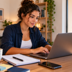 Profissional iniciante trabalhando como freelancer em casa, utilizando notebook para organizar projetos e atender clientes.