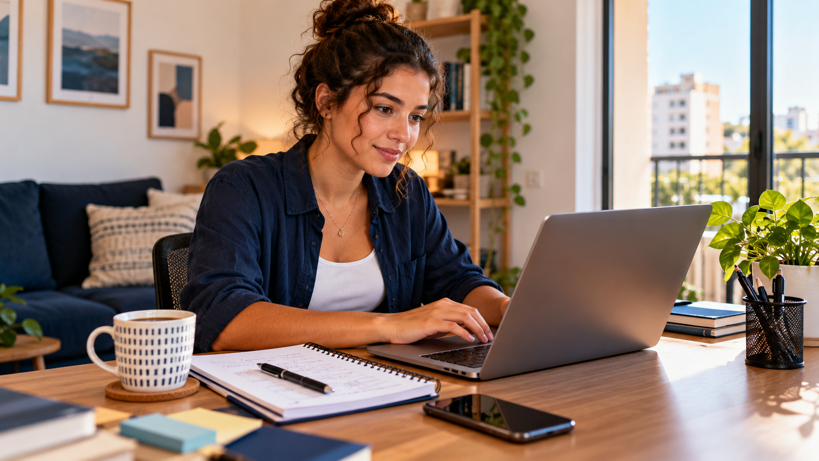 Profissional iniciante trabalhando como freelancer em casa, utilizando notebook para organizar projetos e atender clientes.