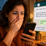 Mulher preocupada ao receber mensagem do golpe do falso parente no WhatsApp, com pedido urgente de dinheiro por Pix.
