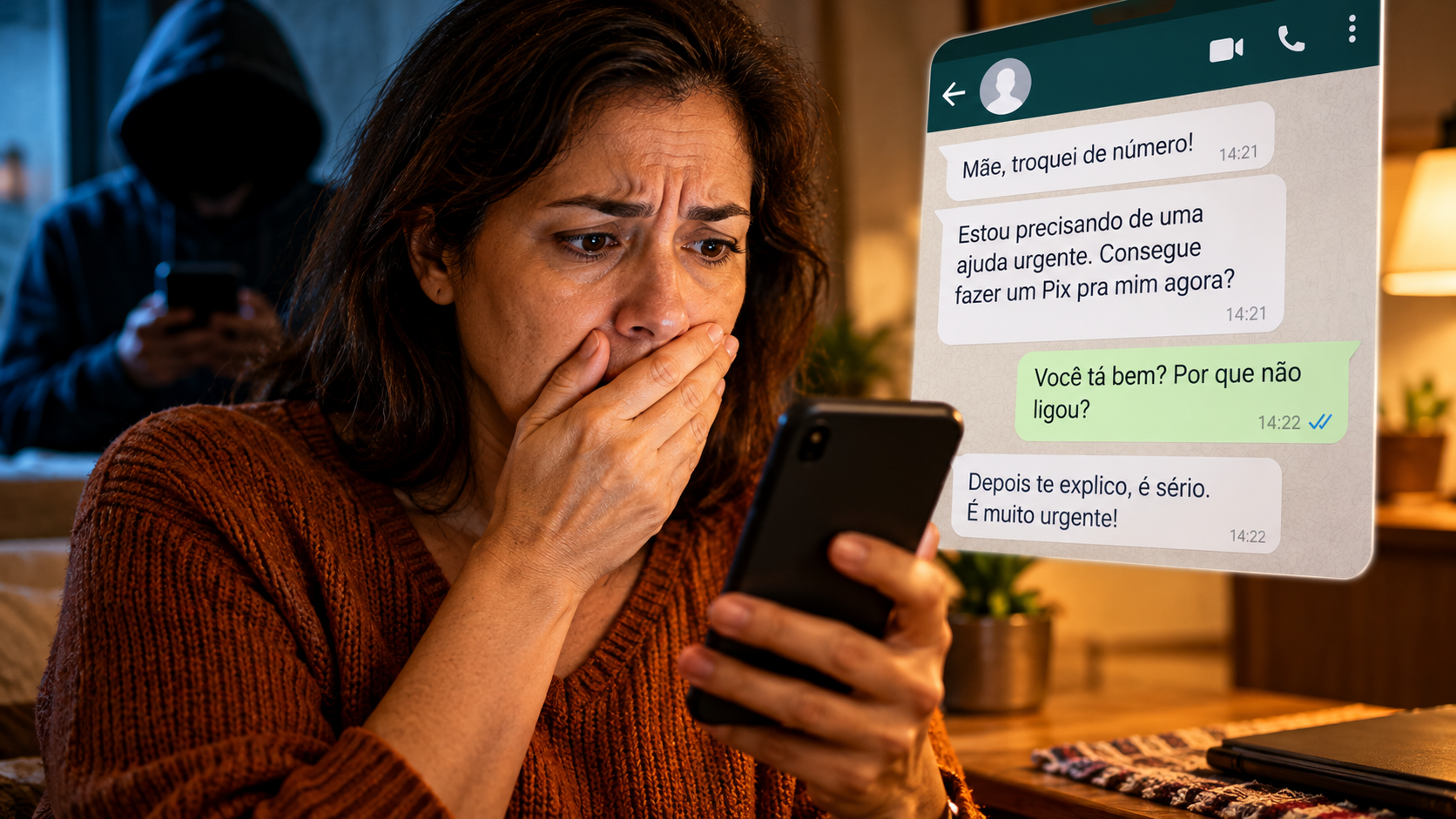 Mulher preocupada ao receber mensagem do golpe do falso parente no WhatsApp, com pedido urgente de dinheiro por Pix.