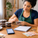 Mulher preparando doces caseiros para ganhar renda extra com pouco dinheiro, utilizando materiais simples em casa.