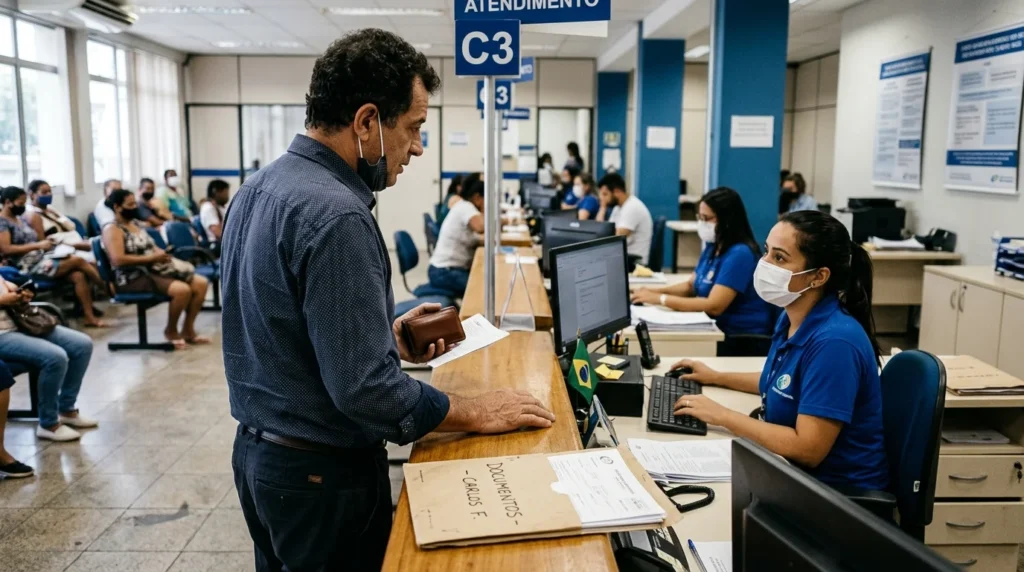 Trabalhador em atendimento para esclarecer dúvidas sobre o pagamento do abono salarial 2026.