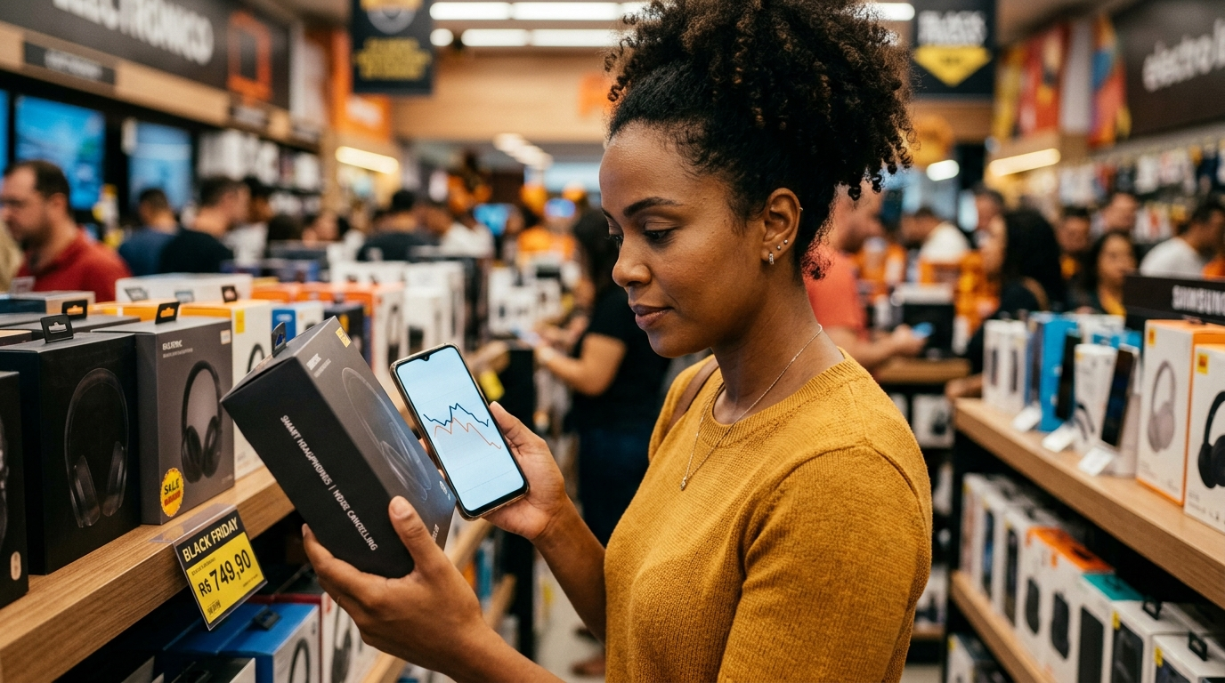 Consumidor compara preços de eletrônicos pelo celular para identificar descontos verdadeiros na Black Friday 2026.