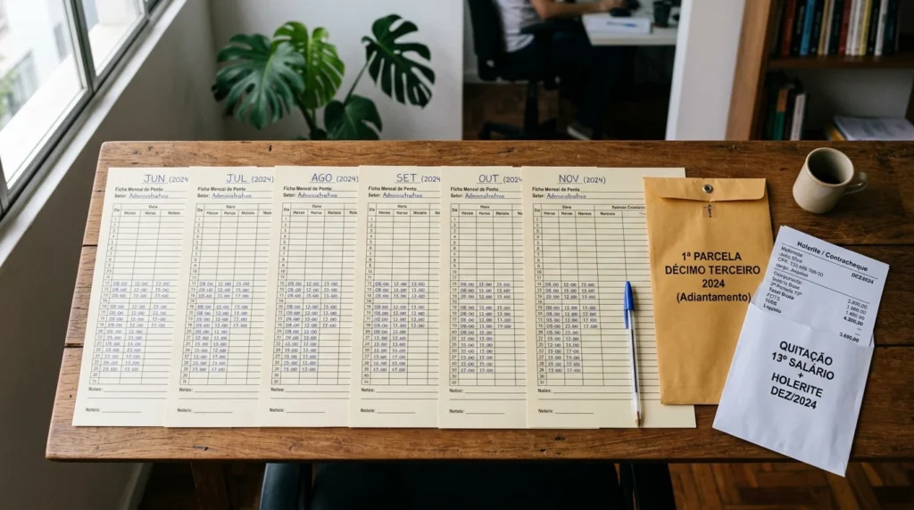 Fichas mensais e envelopes ilustrando o cálculo proporcional do décimo terceiro salário.