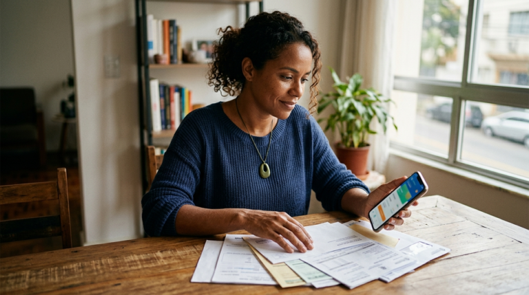 Mulher organizando contas e consultando informações financeiras no celular para melhorar seu score de crédito.