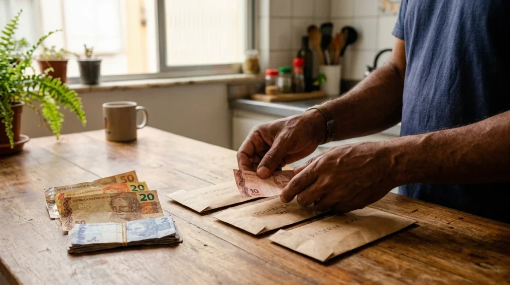 Pessoa organizando dinheiro em envelopes para planejar aportes e começar a investir com regularidade.
