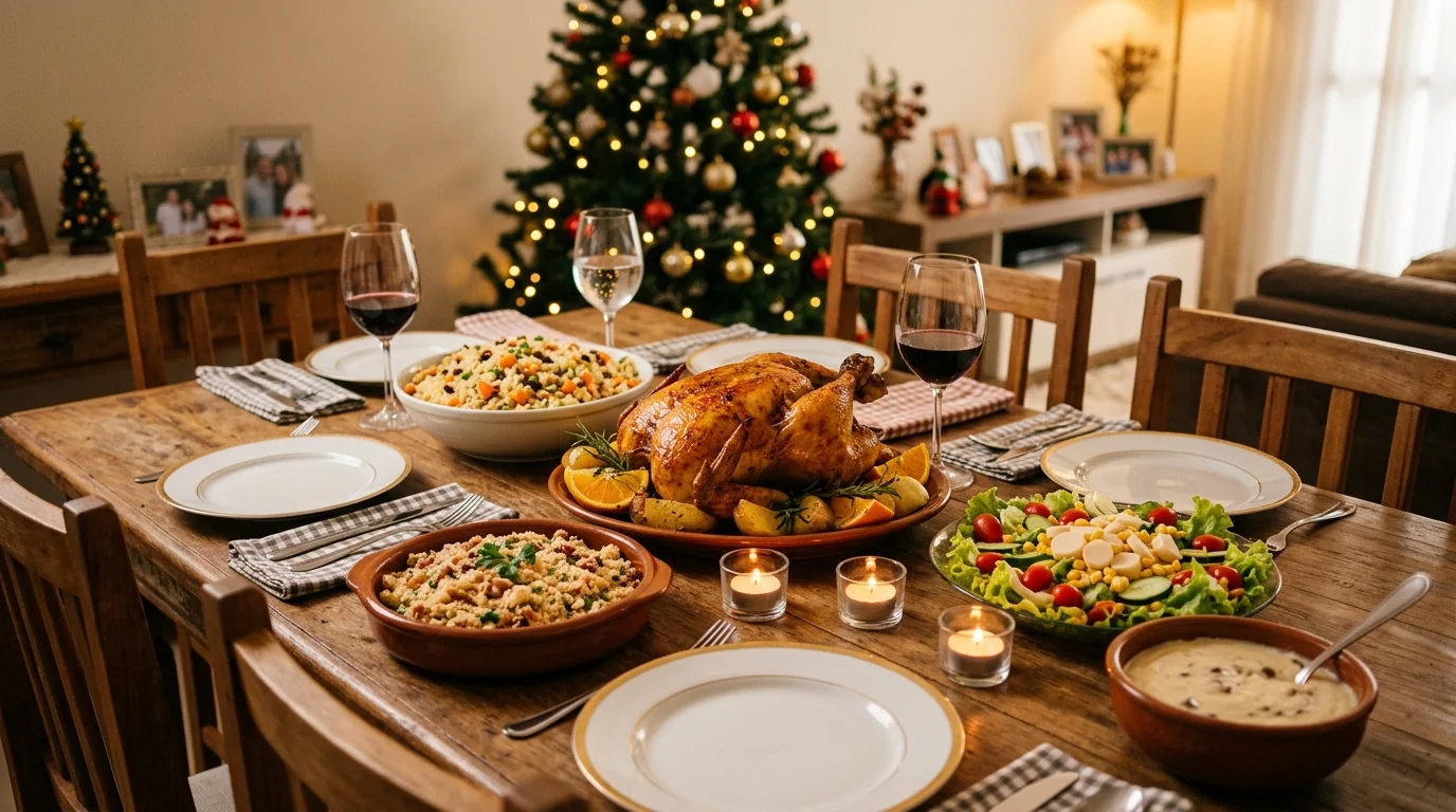 Ceia de Natal econômica com frango assado, arroz, farofa e decoração simples em mesa familiar.