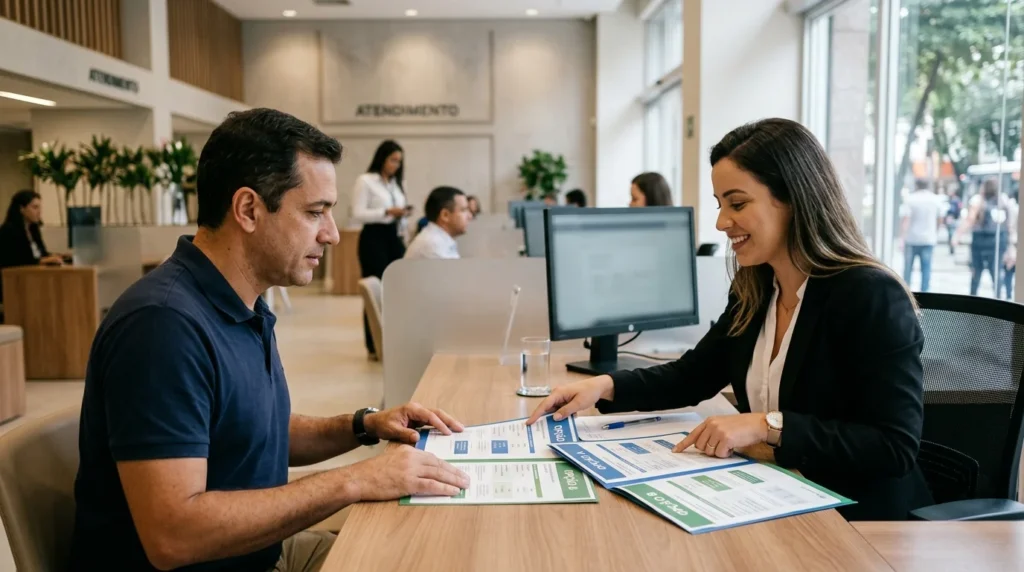 Cliente compara propostas de empréstimo durante atendimento bancário para avaliar as condições de crédito.