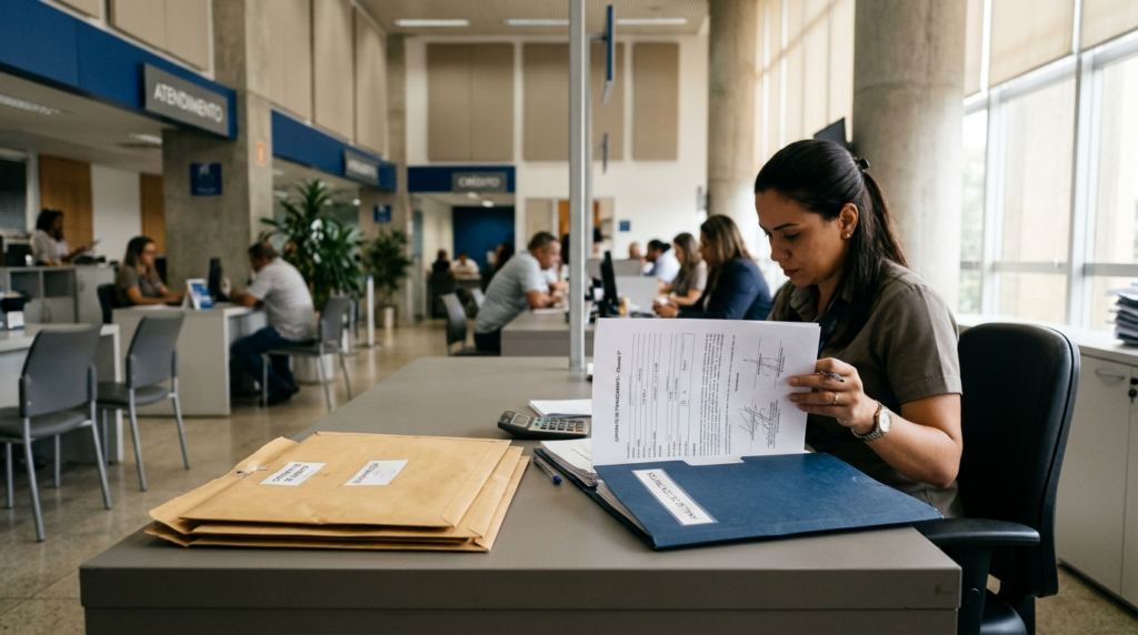 Ambiente de atendimento bancário com contratos organizados para conferência de empréstimos e financiamentos.