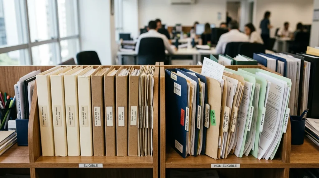 Pastas com documentos financeiros organizados para conferência de dívidas de um pequeno negócio.