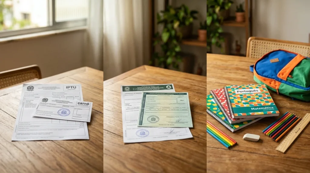 Documentos de IPTU e IPVA ao lado de materiais escolares, representando as despesas de janeiro de 2027.