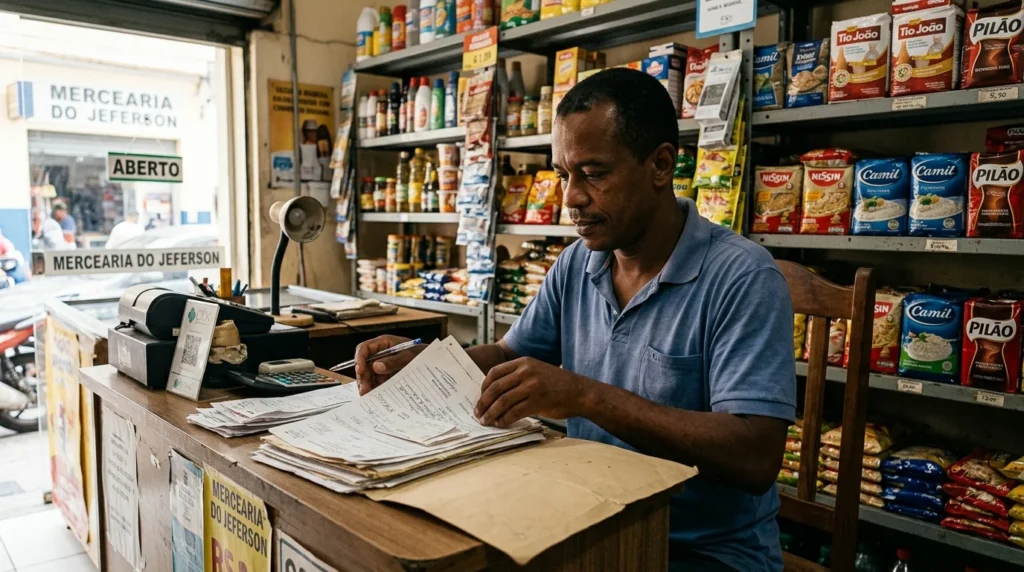 Microempreendedor organiza documentos financeiros no balcão de seu comércio para renegociar dívidas do MEI.