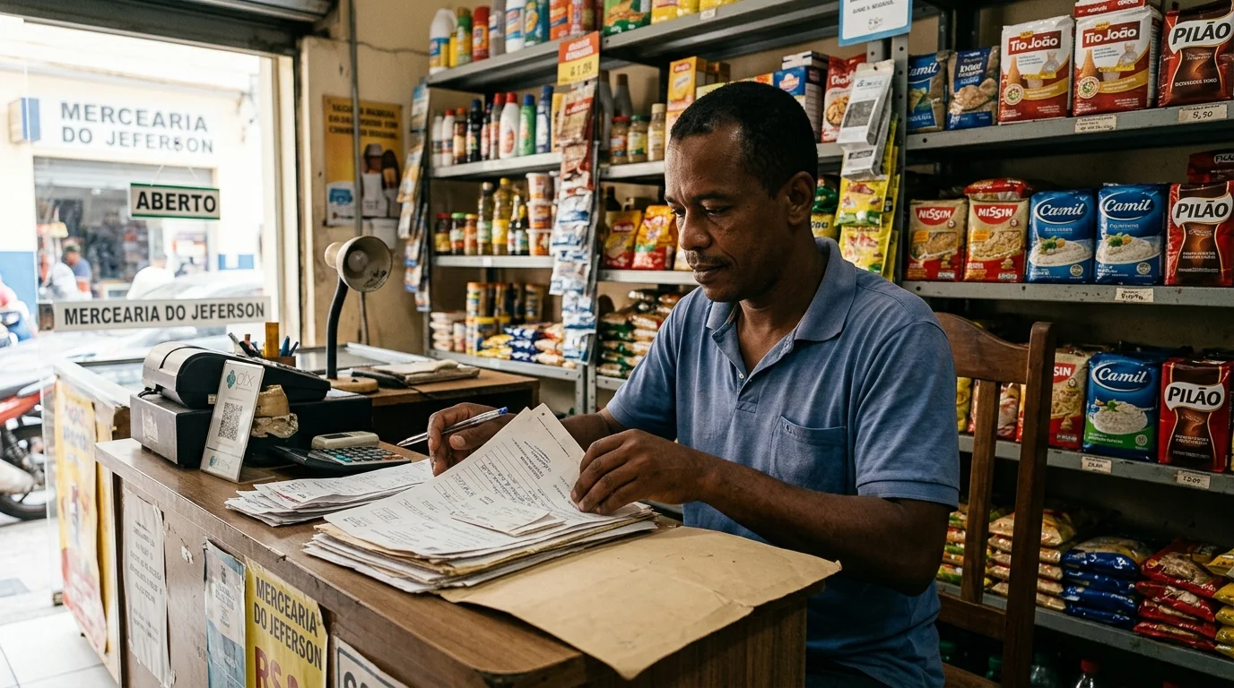 Microempreendedor organiza documentos financeiros no balcão de seu comércio para renegociar dívidas do MEI.