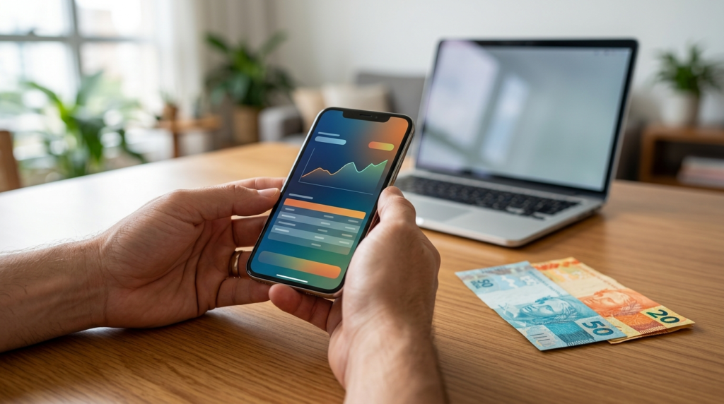 Foto em close-up das mãos de um homem segurando um smartphone preto sobre uma mesa de madeira clara. A tela do celular mostra uma interface abstrata de consulta financeira com ícones gráficos de setas e um ponto de interrogação sobre um símbolo de moeda genérico. Ao lado do celular, há uma nota de R$ 50, uma nota de R$ 20 e moedas de centavos de real. Ao fundo, um laptop e outros objetos de escritório estão levemente desfocados.