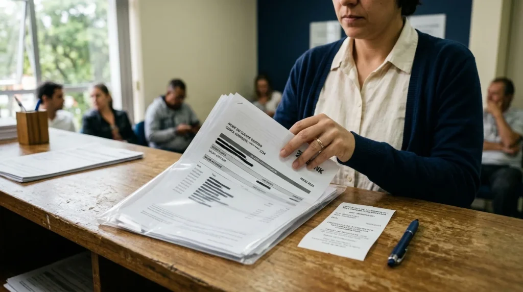 Documentos e extratos bancários separados para contestar descontos não autorizados.