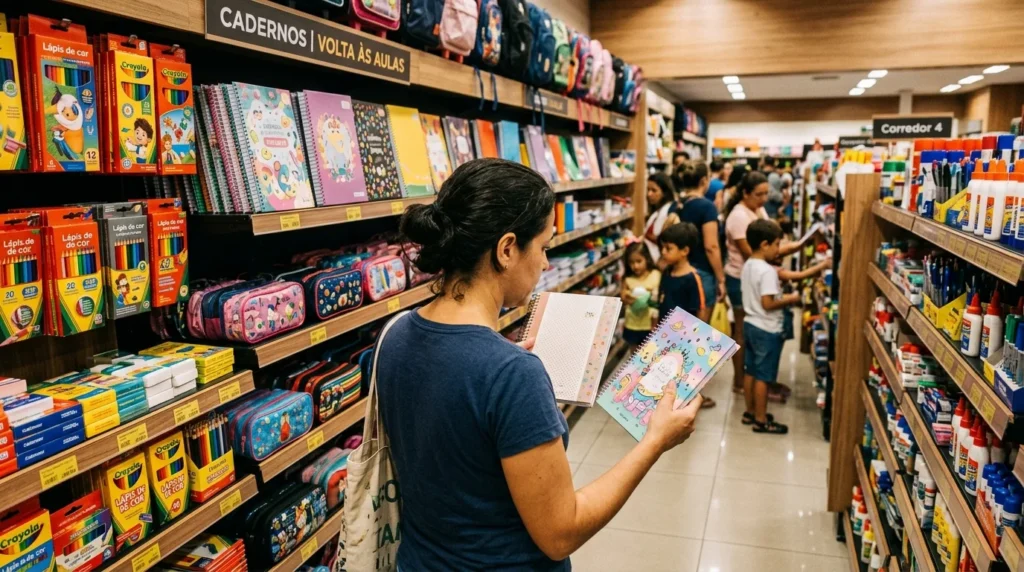 Consumidor comparando cadernos em papelaria para economizar nas compras de material escolar.