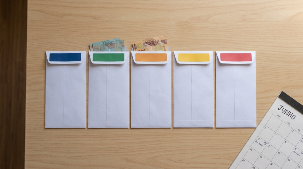Envelopes separados por categorias de gastos para planejar a distribuição do salário mensal.