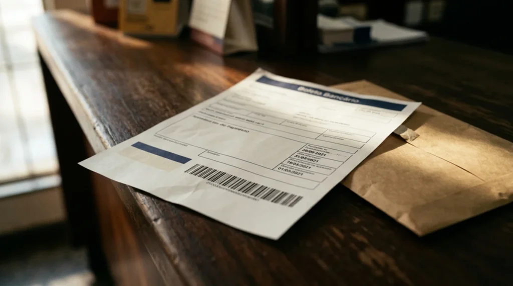 Boleto bancário suspeito sobre um balcão, ilustrando cuidados para identificar o golpe do falso boleto.