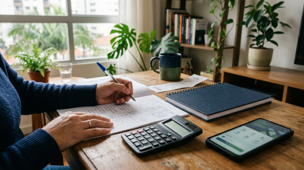 Organização de contas, orçamento e pagamentos para melhorar o score de crédito.