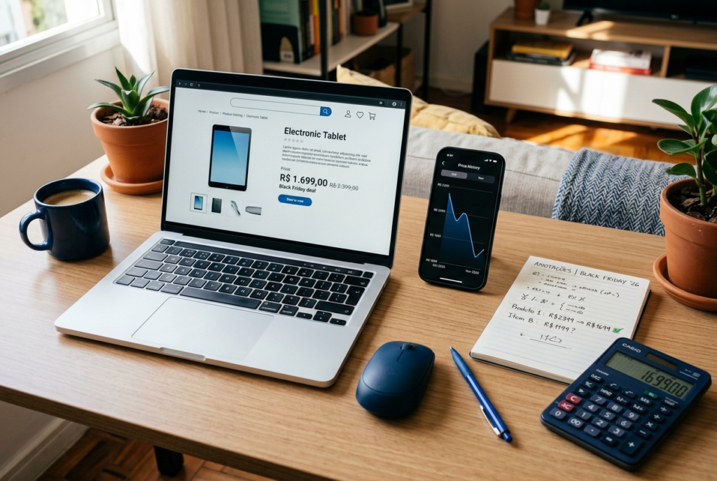 Notebook e celular exibindo histórico de preços e comparação de ofertas para identificar descontos reais na Black Friday 2026.
