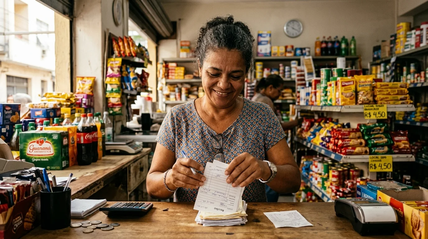 Microempreendedor individual organizando documentos financeiros em pequeno comércio brasileiro.