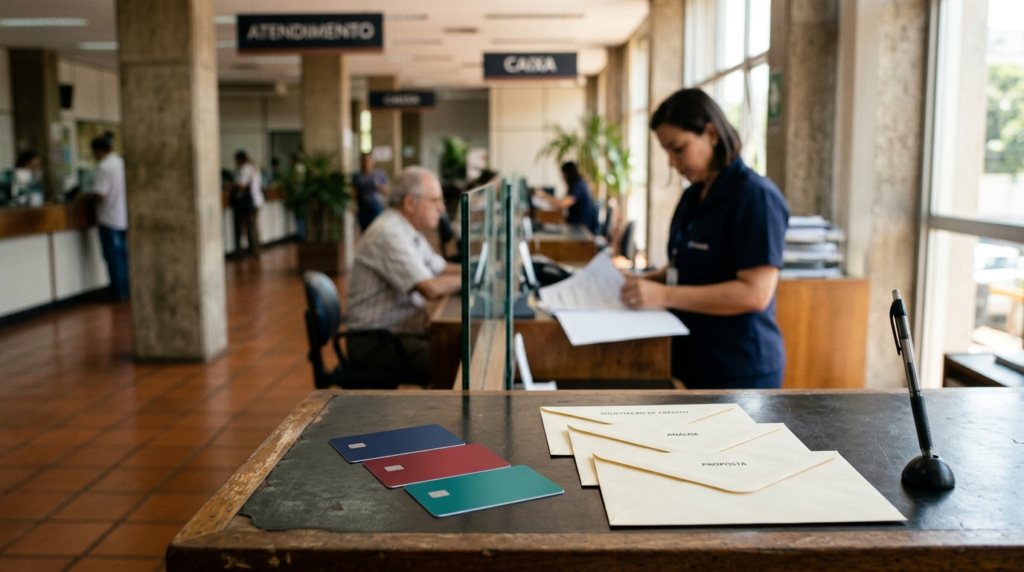 Três cartões bancários genéricos com envelopes em ambiente de atendimento financeiro.