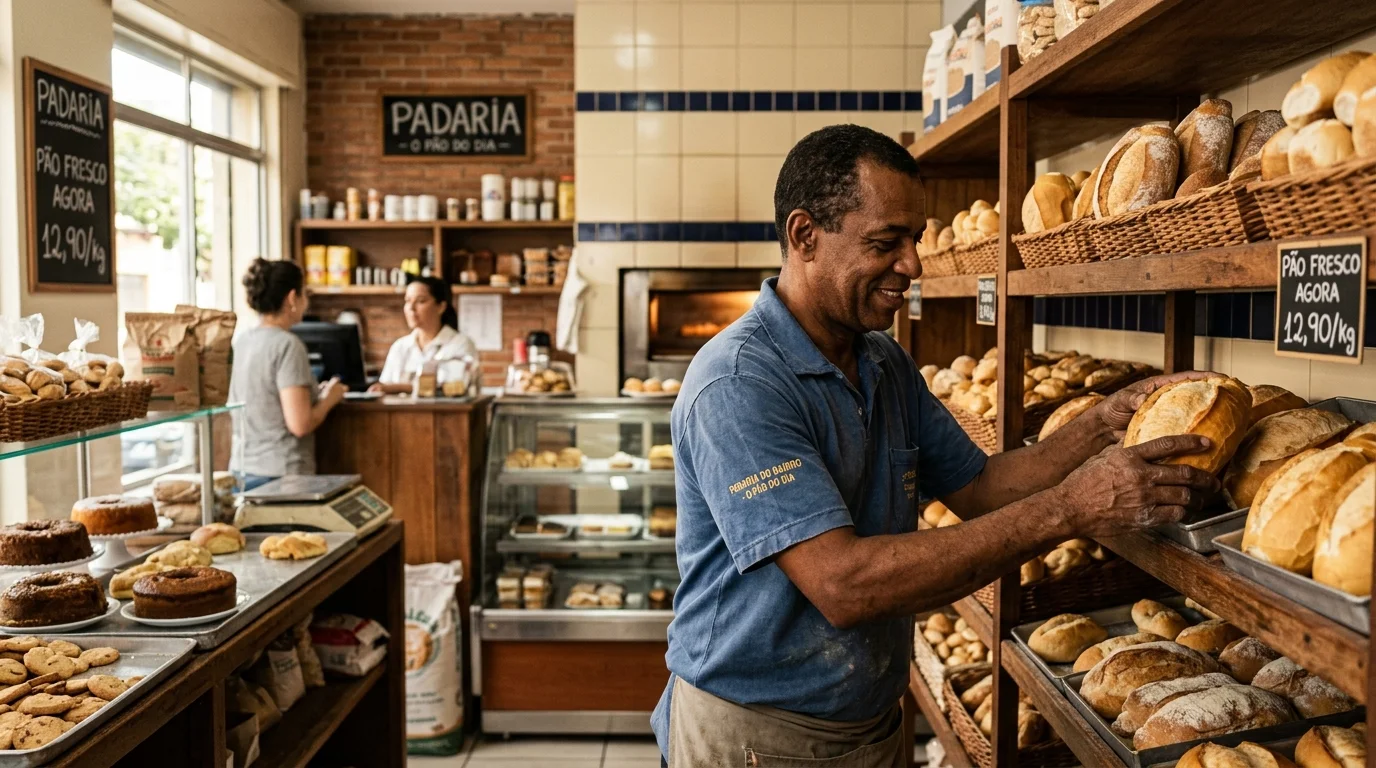Pequeno empreendedor organizando produtos em comércio brasileiro, representando o crescimento do faturamento do MEI.