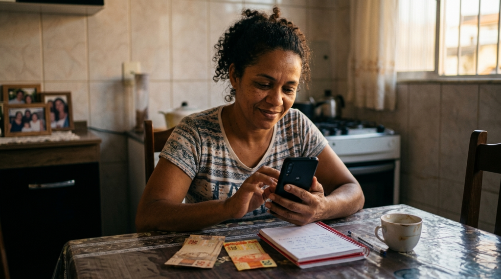 Trabalhador consulta o PIS/Pasep 2026 pelo celular para verificar o abono salarial disponível.