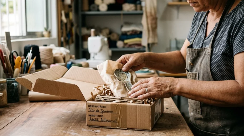 Pequeno empreendedor embalando um produto artesanal para realizar uma das primeiras vendas online.