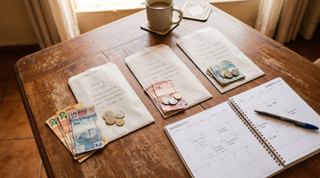 Envelopes com dinheiro e calendário sobre uma mesa, representando a economia mensal para pagar o IPVA 2027.
