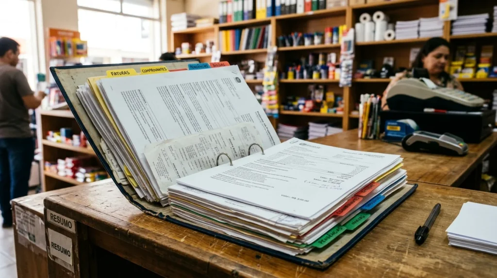 Documentos e comprovantes organizados para consulta de dívidas do MEI antes de negociar pelo Regularize.