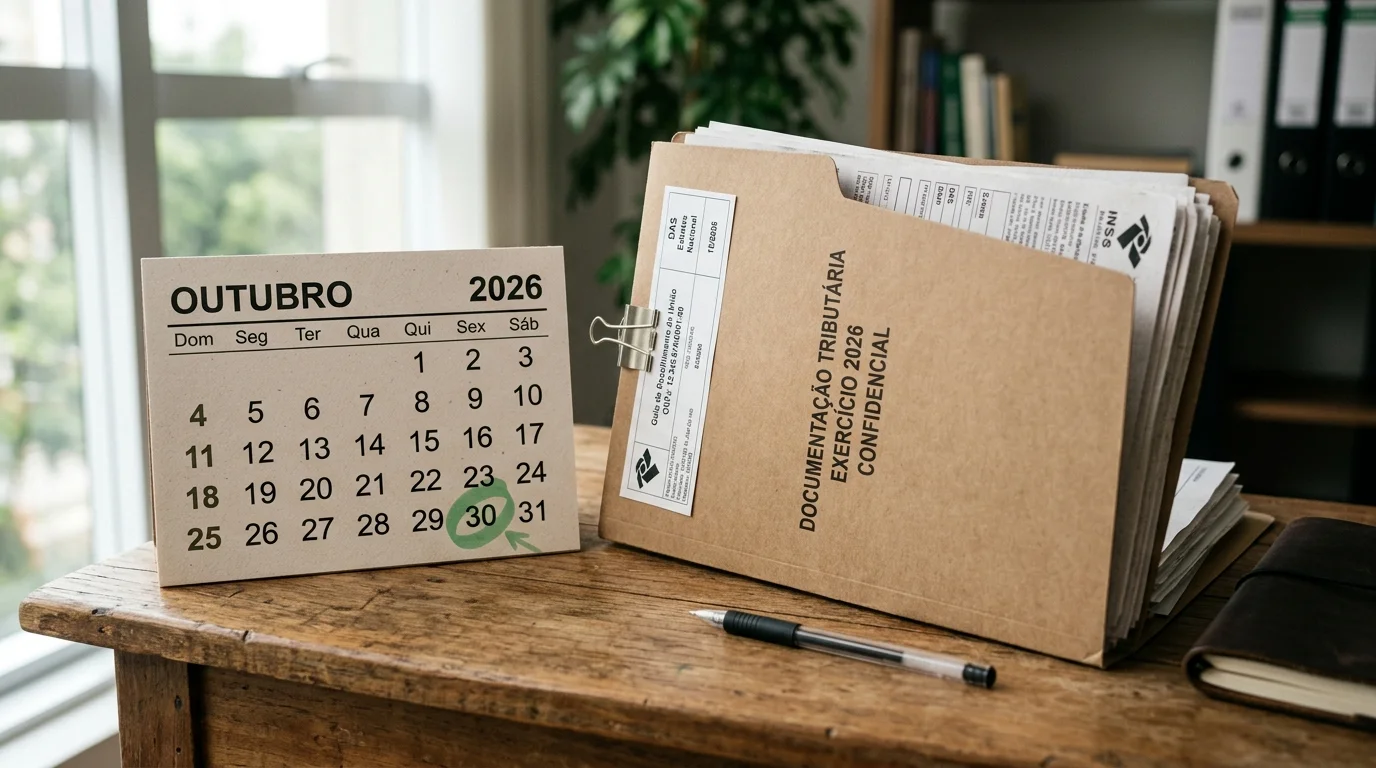 Calendário de outubro de 2026 e documentos ilustrando a consulta à restituição do Imposto de Renda.