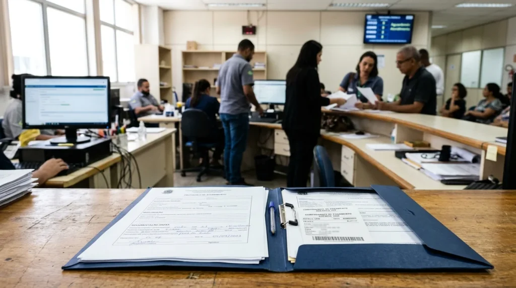 Pasta com documentos e comprovante bancário ilustrando a conferência de uma restituição pendente.