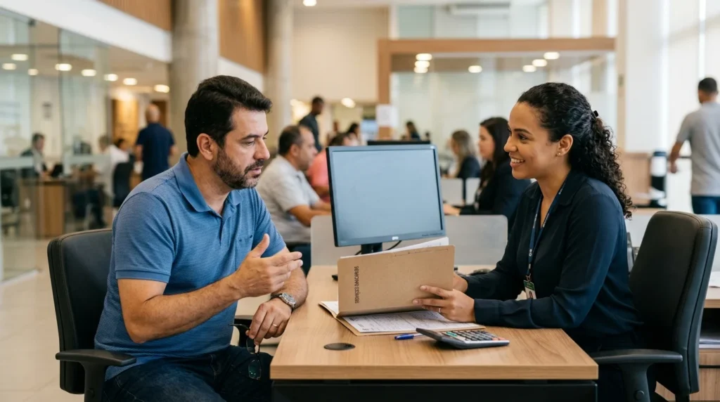 Cliente recebendo orientação sobre serviços bancários gratuitos durante atendimento em agência.