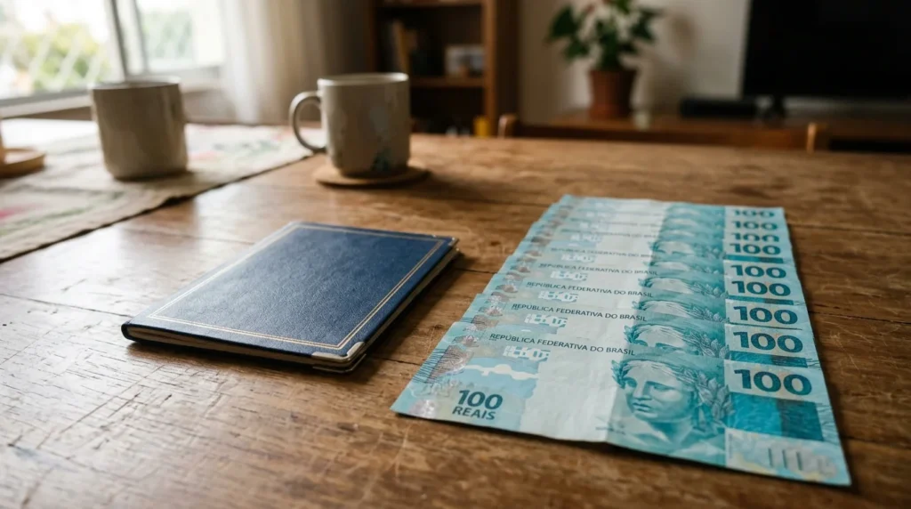Notas de R$ 100 organizadas sobre uma mesa, representando R$ 1.000 para começar a investir no Tesouro Selic.