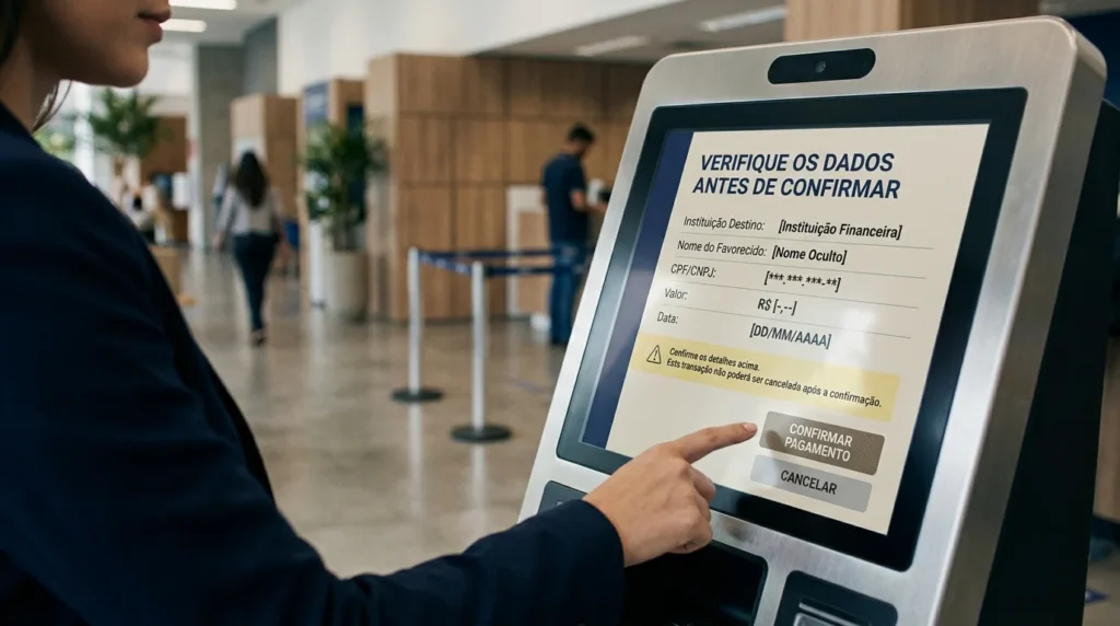 Terminal bancário ilustrativo exibindo campos de verificação de dados antes do pagamento de um boleto.